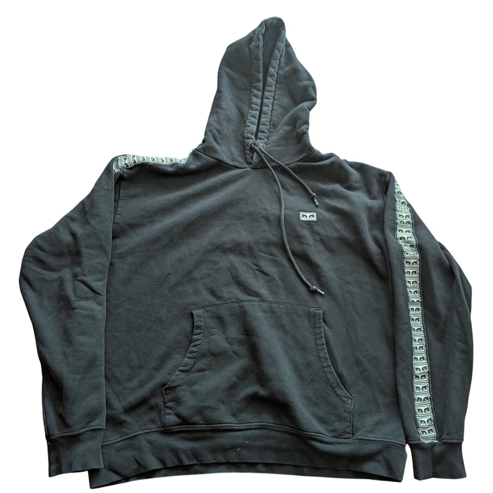 OBEY Worldwide Black Hoodie OBEY Giant All Eyes Logo Tape Sleeve Mens Size LARGE